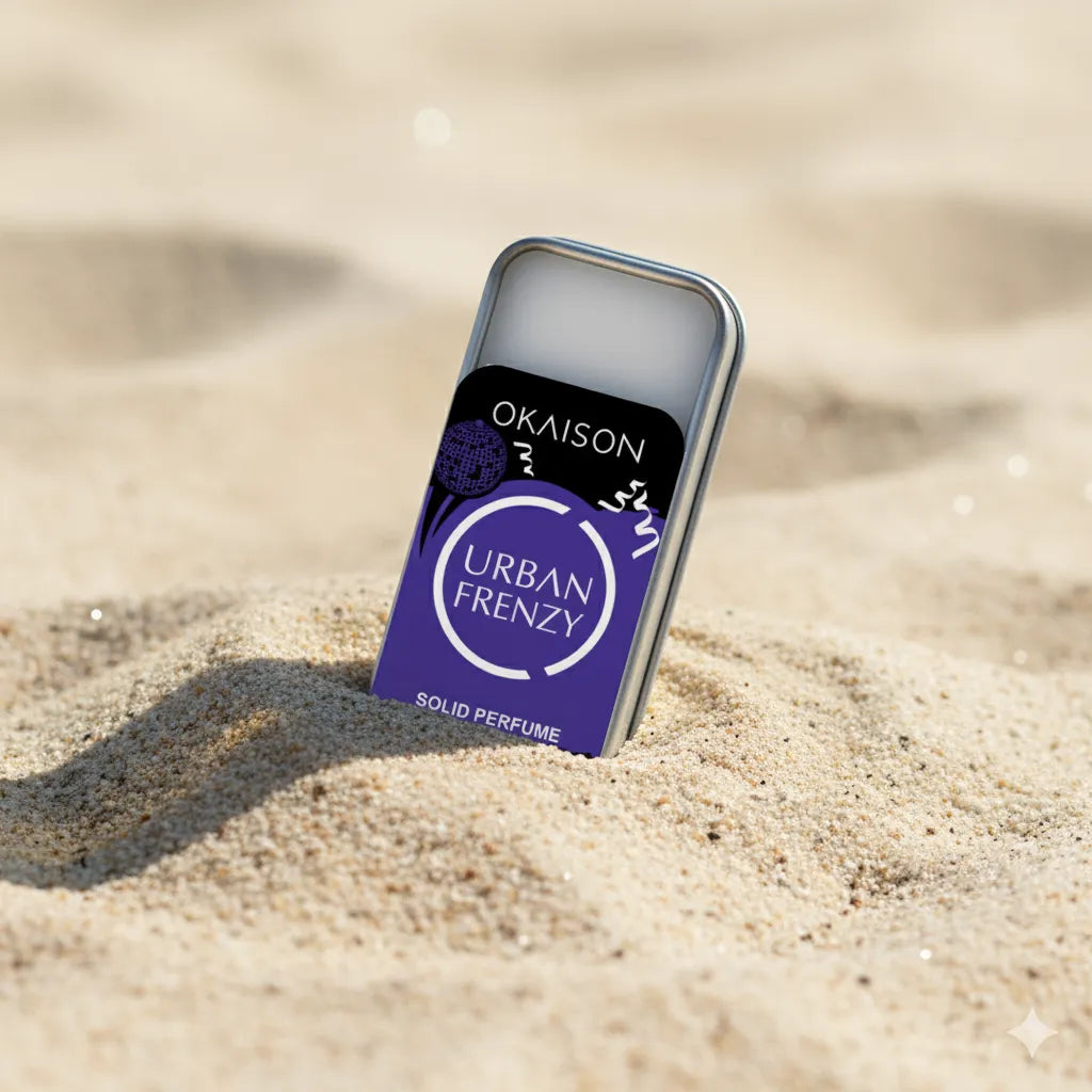 OKAISON solid perfume in a sleek metallic tin with a turquoise label, lid slightly open to reveal the balm texture inside.