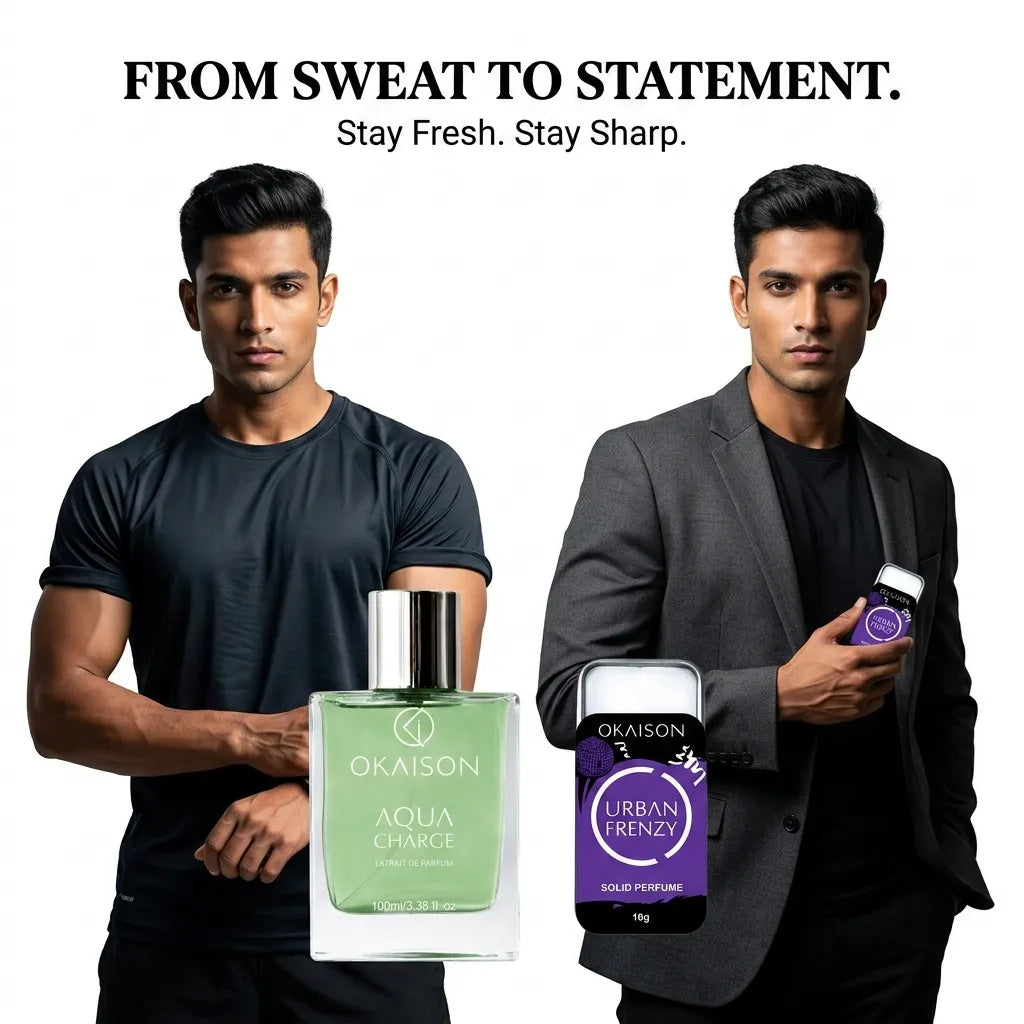 OKAISON Fresh & Fierce Perfume Duo | Aqua Charge Body Perfume + Urban Frenzy Solid Perfume | Long-Lasting Active & Night Occasion Fragrance Set
