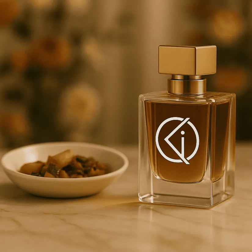 Luxurious amber-colored OKAISON perfume bottle with a gold cap, placed on a marble surface beside a dish of potpourri.