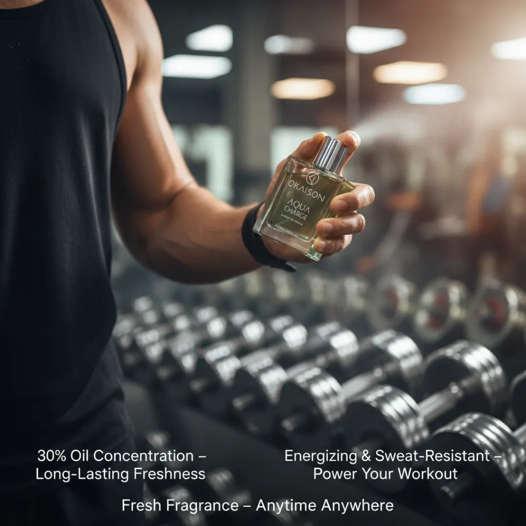 OKAISON Person holding a perfume bottle in a gym setting
